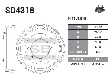 Диск гальмівний БАРАБАН MITSUBISHI LANCER CS6A L4-1.8L 4G94 DOHC 2000.03 – 2009.0 HI-Q (SD4318) HI-Q фото 2