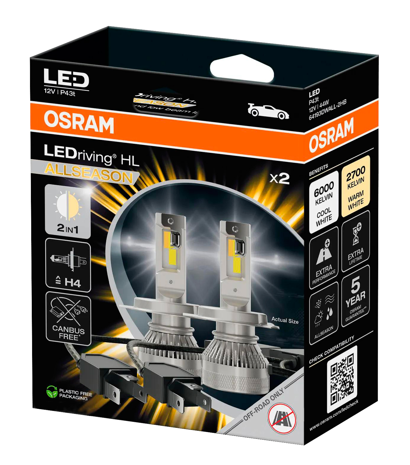 Комплект світлодіодних автоламп H4 LED 12V 45/45W 2700/6000K P43T / LEDRIVING® HL ALLSEASON / НЕ OSRAM (64193DWALL-2HB) osram фото 2