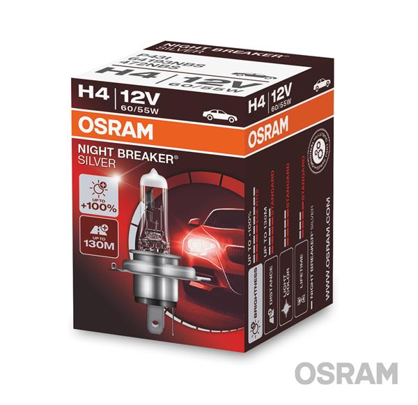 Автолампа галогенова 60/55W H4 12V 60/55W P43T / NIGHT BREAKER® SILVER - НА 100% БІЛЬШЕ СВІТЛ OSRAM (64193NBS) osram фото 2
