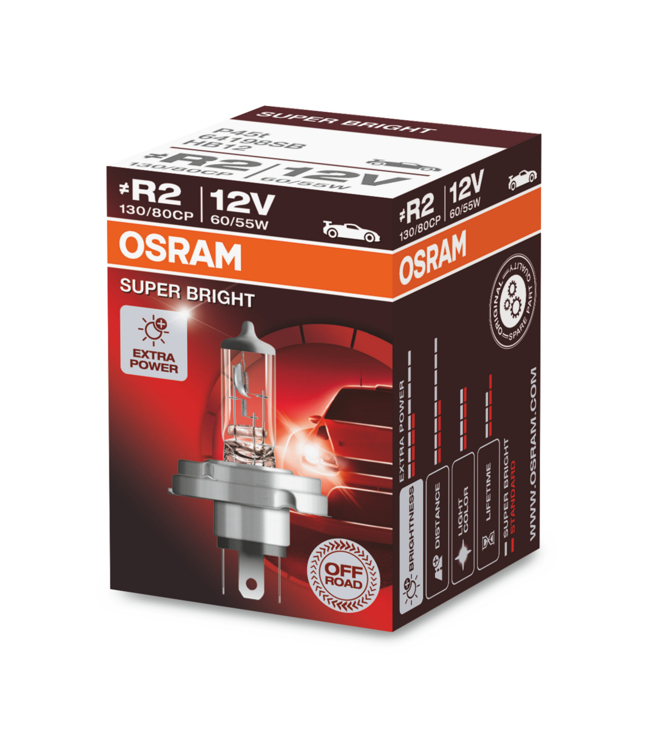 Автолампа галогенова 60/55W R2 HALOGEN (H4) 12V 60/55W 3200K P45T/OFF-ROAD SUPER BRIGHT® OSRAM (64198SB) osram фото 2