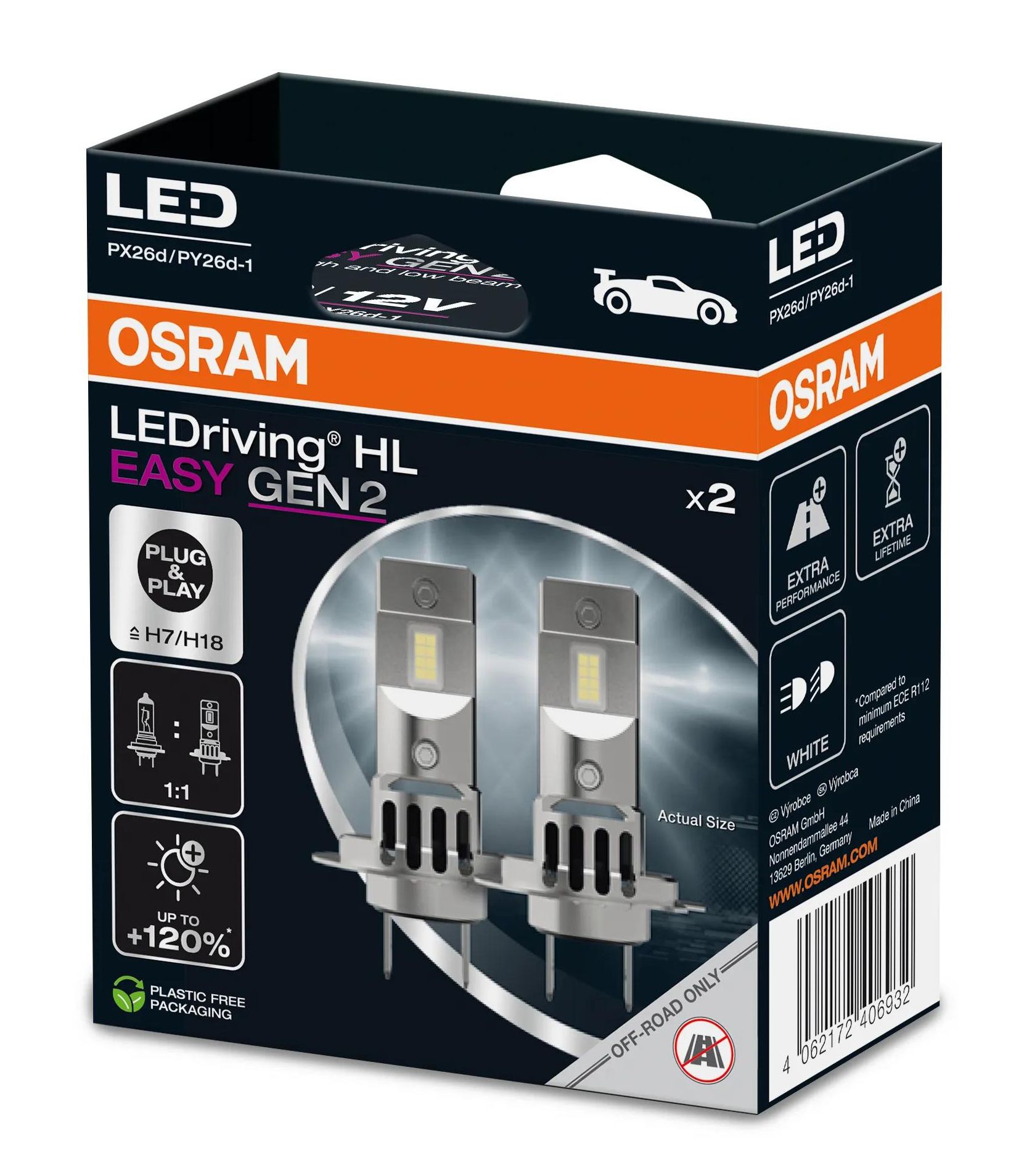 Комплект світлодіодних автоламп H7/H18 LED 12V 16W 6500K PX26D/PY26D-1 / LEDRIVING® HL EASY GEN2 OSRAM (64210DWESY2-2HB) osram фото 2