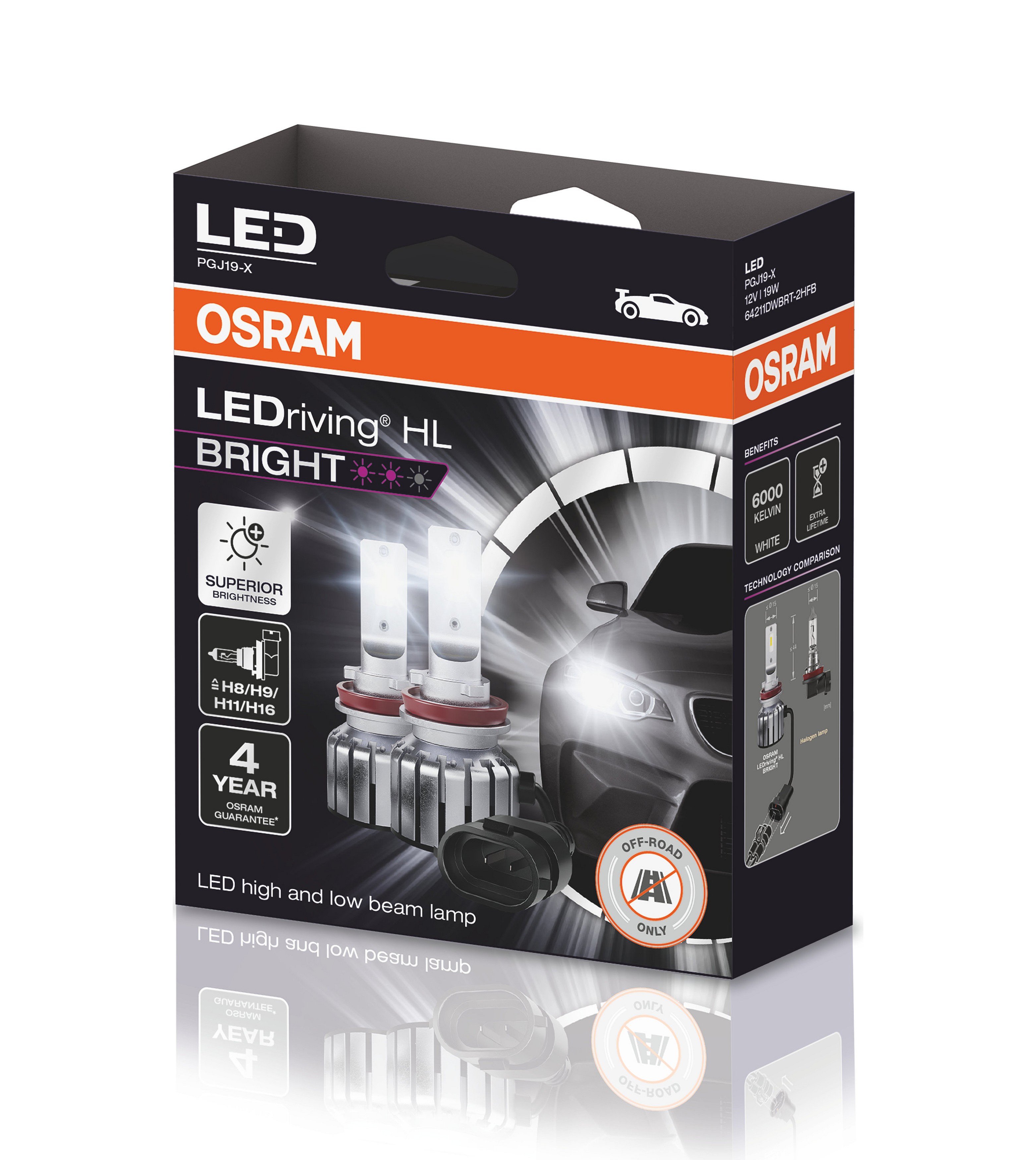 Комплект світлодіодних автоламп H8/H11/H16/H9 LED 12V 19W 6000K PGJ19-2/PGJ19-5/PGJ19-1/PGJ19-3 / OSRAM (64211DWBRT-2HFB) osram фото 2