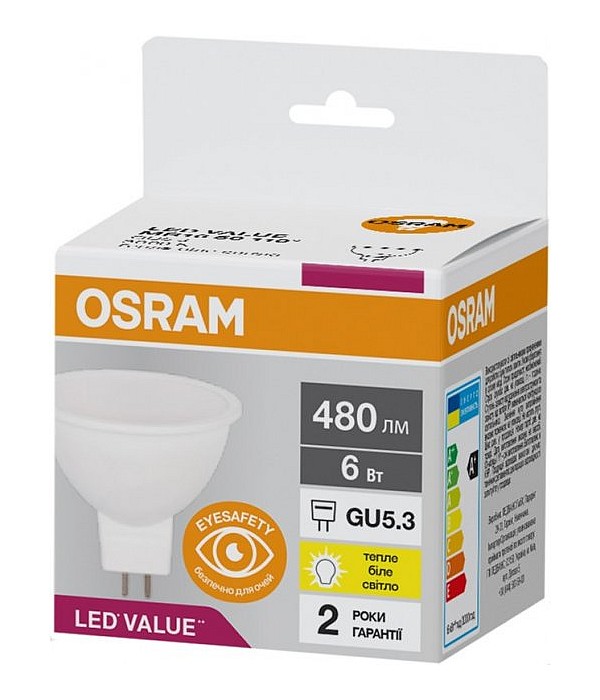 LED лампа побутова (8543709000) GU5.3 LED VALUE MR16 50 110° 6W/830 3000K 230V 480 LM A++ D50*55 OSRAM (4058075689206) osram фото 2