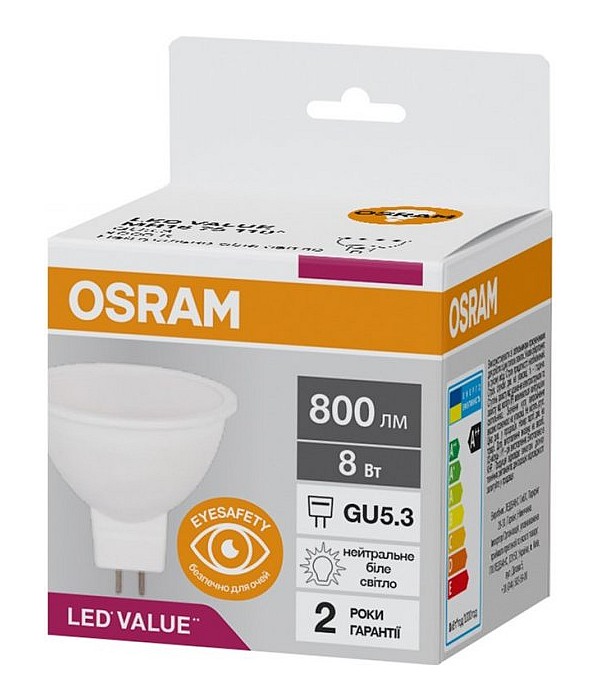 LED лампа побутова (8543709000) GU5.3 LED VALUE MR16 75 110° 8W/840 4000K 230V 800 LM A++ D50*55 OSRAM (4058075689459) osram фото 2