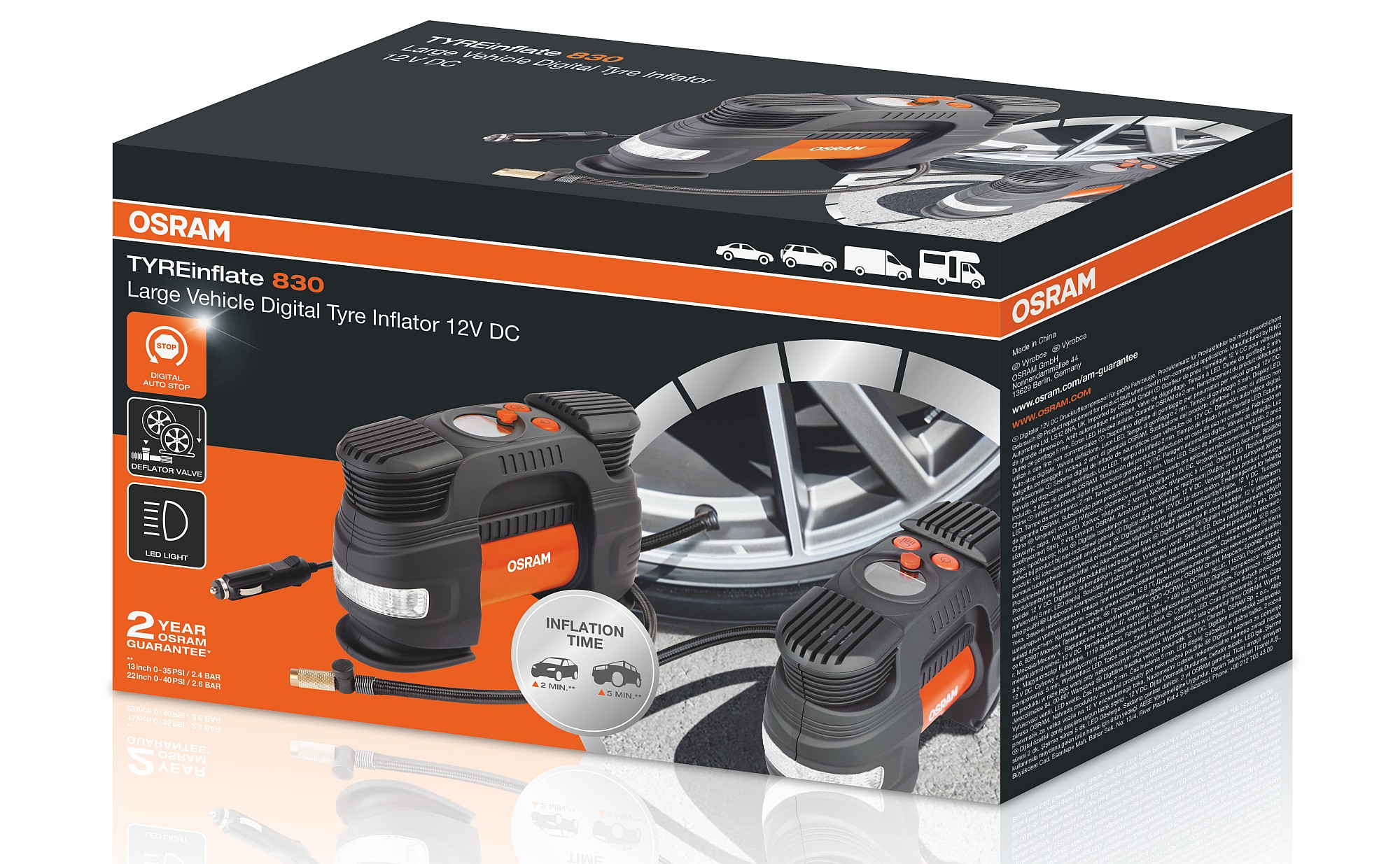 Компресор для накачування шин TYREINFLATE 830 / 12V 15A 180W / R13 ЗА 2 ХВ. ДО 2.4 BAR ТА R22 Д OSRAM (OTI830) osram фото 2