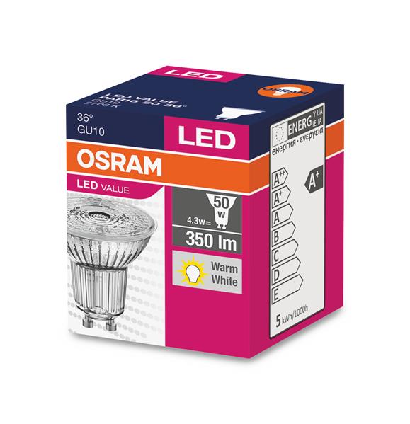 LED лампа побутова (8543709000) GU10 VALUE LED PAR16 50 4.3W/827 2700K 230V 350 LM A+ D50*54 / WA OSRAM (4058075096622) osram фото 2