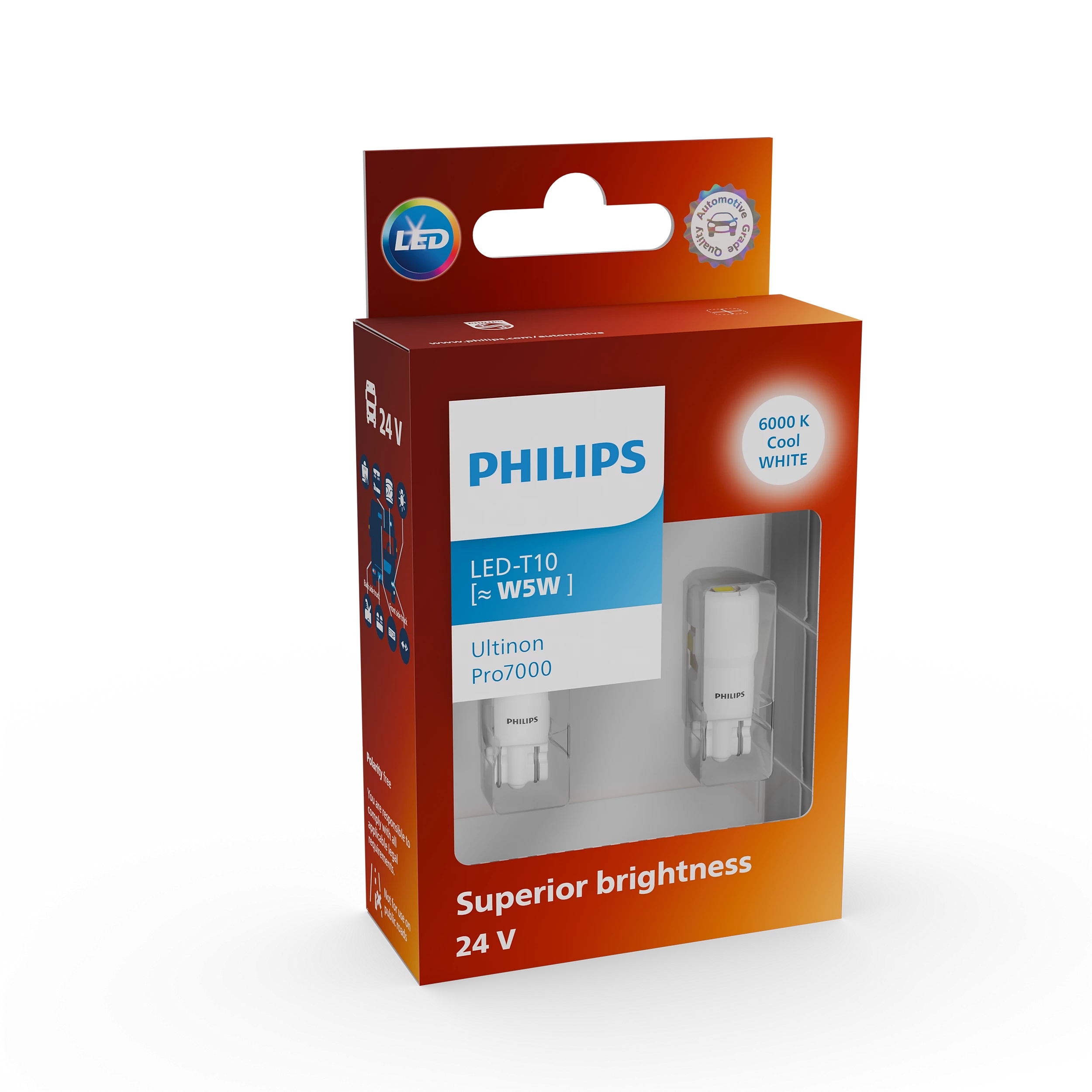 Комплект світлодіодних автоламп W5W LED 24V 1W 6000K W2,1X9,5D / LED-WHITE ULTINON PRO7000 / ХОЛО PHILIPS (24961CU70X2) Philips фото 2