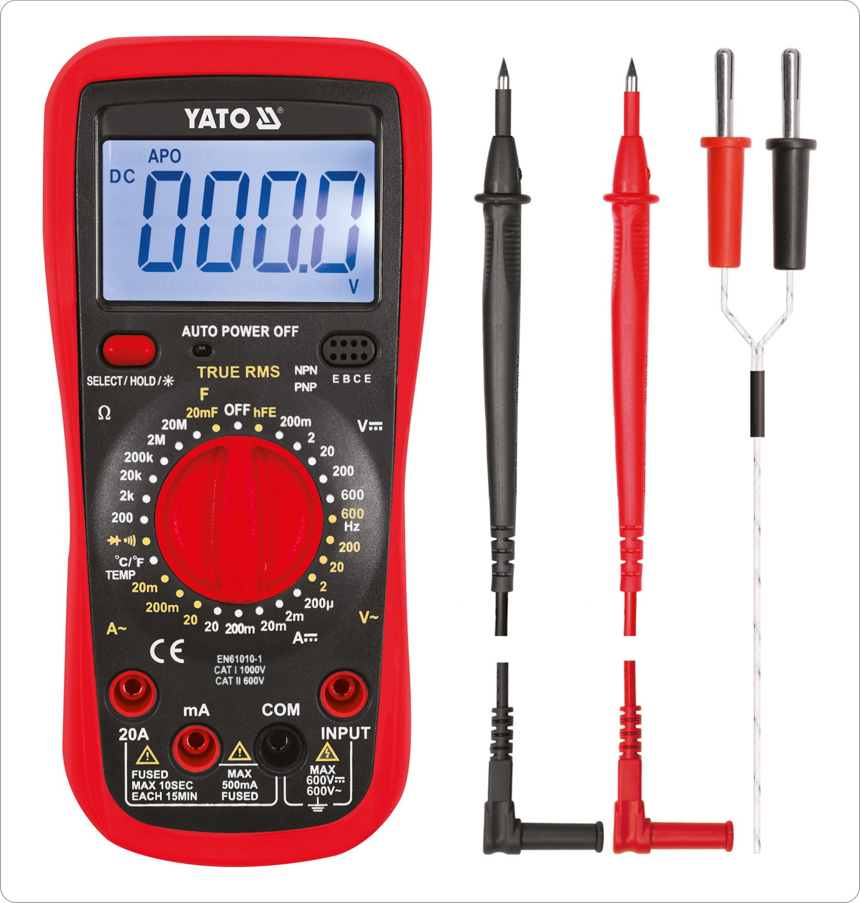 Мультиметр 0-600V, 0-20A, тест транзизора HFE: 0-1000, YATO (YT-73083) Yato фото 2