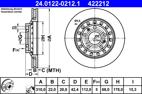 Диск гальмівний AUDI A8 D3 (4E2, 4E8) 4.2 2002.10-2010.12 ATE (24-0122-0212-1-02) ATE фото 2