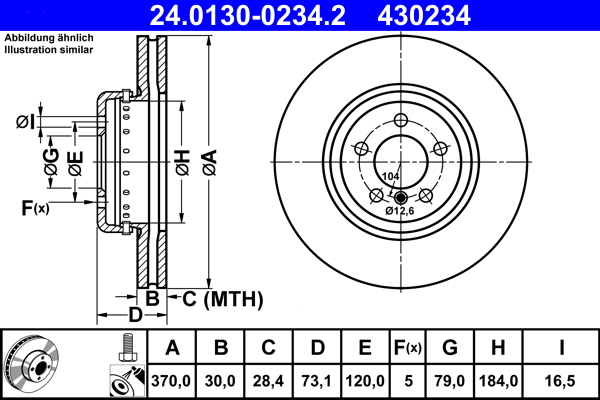 Диск гальмівний BMW 3 (F30, F80) 328 I 2011.11-2018.10 ATE (24-0130-0234-2-02) ATE фото 2