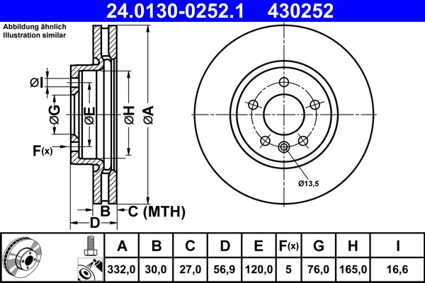Диск гальмівний VW AMAROK (2HA, 2HB, S1B, S6B, S7A, S7B) 2 2010.09-2022.05 ATE (24-0130-0252-1-02) ATE фото 2