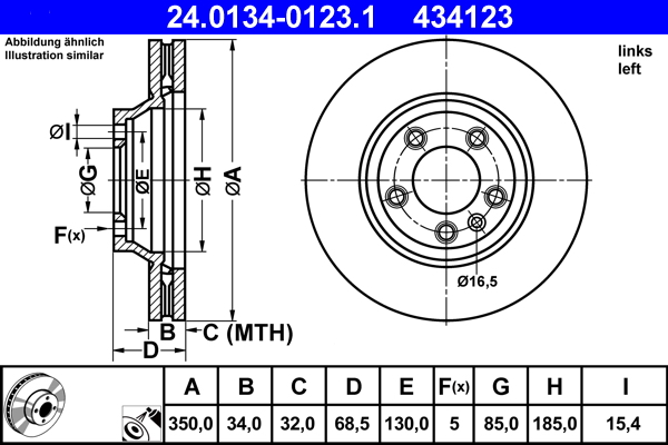 Диск гальмівний ЛІВИЙ VW TOUAREG (7LA, 7L6, 7L7) 3.0 2002.10-2013.01 ATE (24-0134-0123-1-02) ATE фото 2