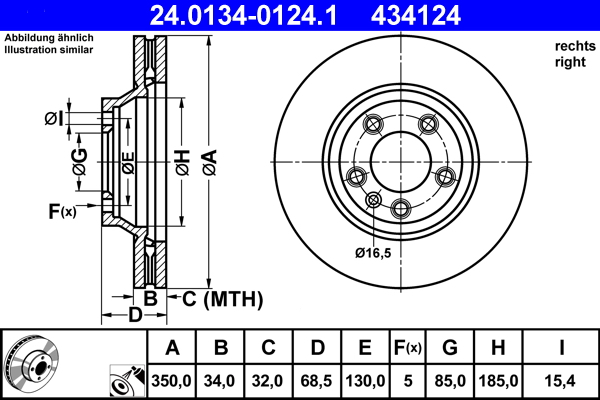 Диск гальмівний ПРАВИЙ VW TOUAREG (7LA, 7L6, 7L7) 3.0 2002.10-2013.01 ATE (24-0134-0124-1-02) ATE фото 2