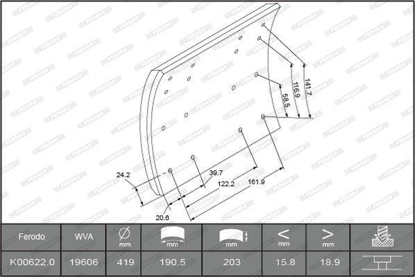 Гальмівні накладки FE K00622.0-F3526 для FODEN TRUCKS ALPHA A3-6R-CU