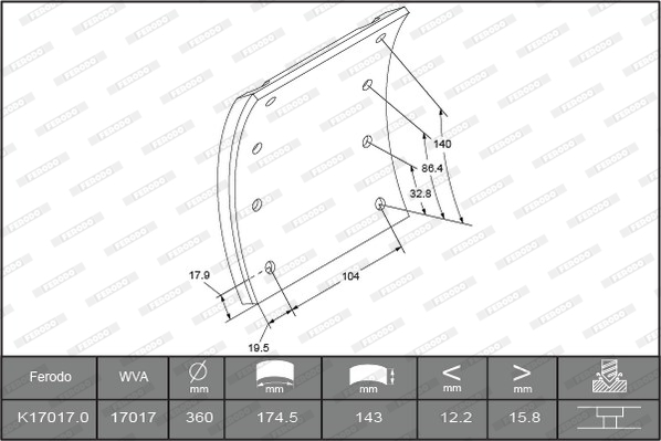 Гальмівні накладки FE K17017.0-F3661 для MAN M 90 12.232 FS,12.232 FLS