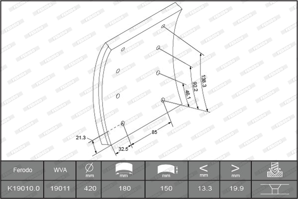 Гальмівні накладки FE K19010.0-F3658 для DAF F 1900 FT 1900 DNS,FT 1900 NS