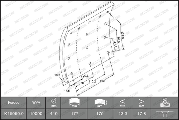 Гальмівні накладки FE K19090.0-F3526 для VOLVO FM 7 FM 7/290