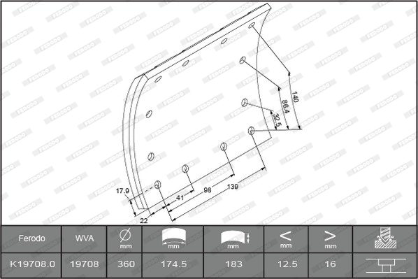 Гальмівні накладки FE K19708.0-F3661 для MAN M 90 12.232 FS,12.232 FLS