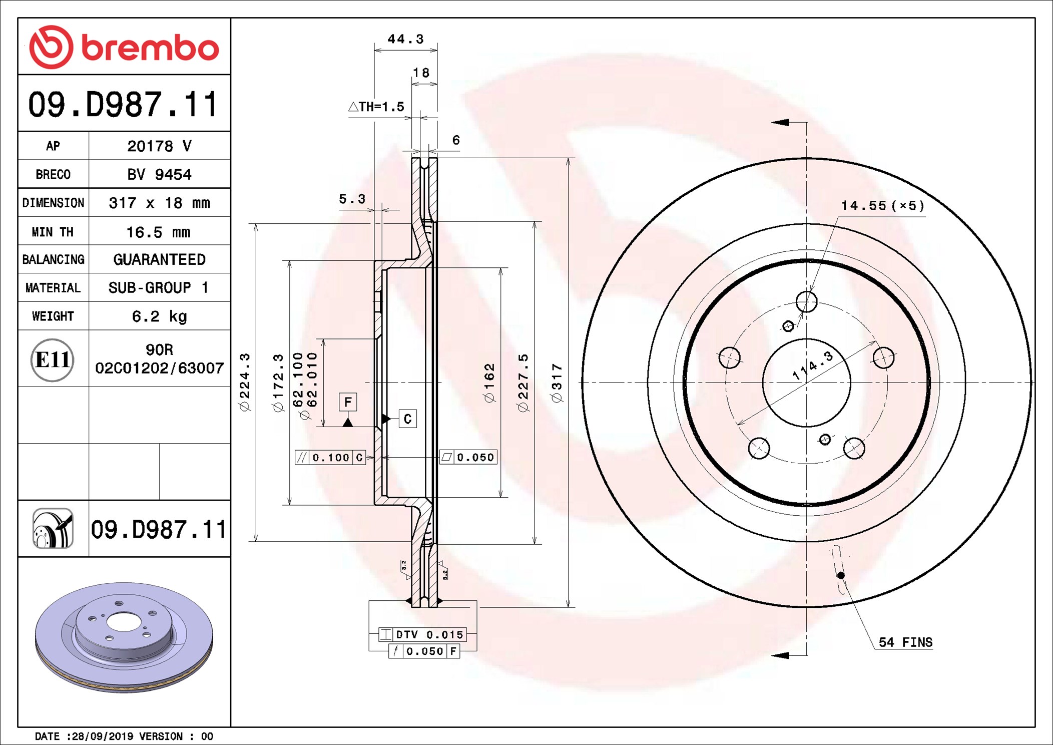 Диск гальмівний TOYOTA RAV 4 V (_A5_, _H5_) 2.5 2018.12- BREMBO (09.D987.11) BREMBO фото 2