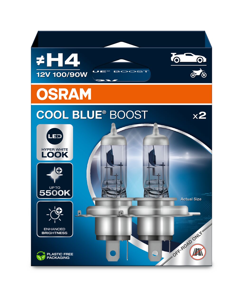 Автолампа галогенова 100/90W H4 12V 100/90W 5500K P43T / COOL BLUE® BOOST - БІЛО-БЛАКИТНЕ СВІТ OSRAM (62193CBB-2HB) osram фото 2
