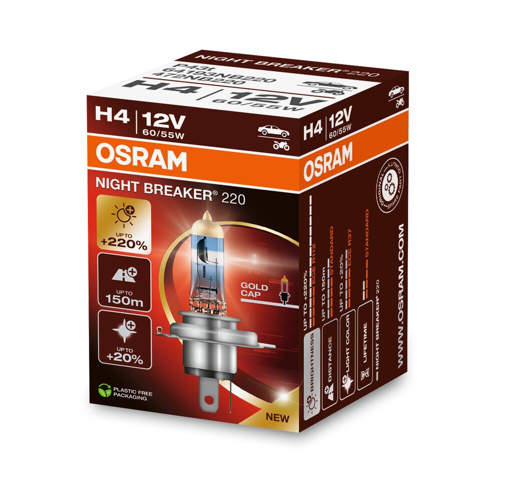 Автолампа галогенова 60/55W H4 12V 60/55W 4050K P43T / NIGHT BREAKER® 220 - НА 220% БІЛЬШЕ СВ OSRAM (64193NB220) osram фото 2