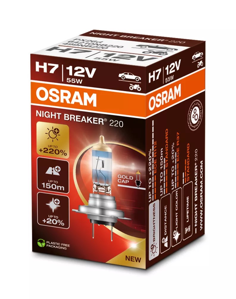 Автолампа галогенова 55W H7 12V 55W 3700K PX26D / NIGHT BREAKER® 220 - НА 220% БІЛЬШЕ СВІТ OSRAM (64210NB220) osram фото 2