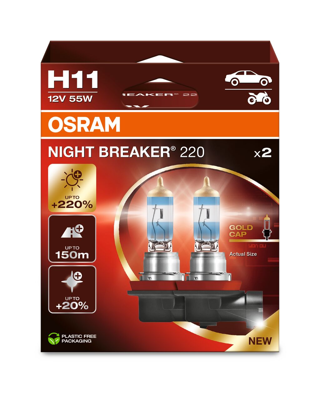 Автолампа галогенова 55W H11 12V 55W 3750K PGJ19-2 / NIGHT BREAKER® 220 - НА 220% БІЛЬШЕ С OSRAM (64211NB220-2HB) osram фото 2