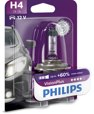 Автолампа галогенова 60/55W H4 12V 60/55W P43T-38 / VISIONPLUS - НА 60% ЗБІЛЬШЕНИЙ СВІТЛОВИЙ PHILIPS (12342VPB1) Philips фото 2