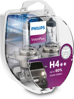 Автолампа галогенова 60/55W H4 12V 60/55W P43T-38 / VISIONPLUS - НА 60% ЗБІЛЬШЕНИЙ СВІТЛОВИЙ PHILIPS (12342VPS2) Philips фото 2