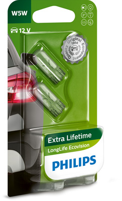 Автолампа 5W W5W 12V W2,1X9,5D / LONGERLIFE ECOVISION В 4РАЗИ ЗБІЛЬШЕНО СТРОК PHILIPS (12961LLECOB2) Philips фото 2