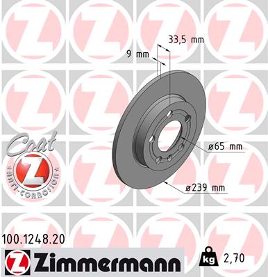 Диск гальмівний VW BORA I (1J2) 1.6 1998.10-2013.12 ZIMMERMANN (100.1248.20) Zimmermann фото 2