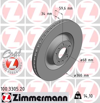 Диск гальмівний AUDI A6 C6 (4F2) 3.0 2004.04-2011.08 ZIMMERMANN (100.3305.20) Zimmermann фото 2