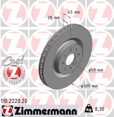 Диск гальмівний ALFA ROMEO MITO (955_) 1.4 2008.08-2018.10 ZIMMANN (110.2220.20) Zimmermann фото 2