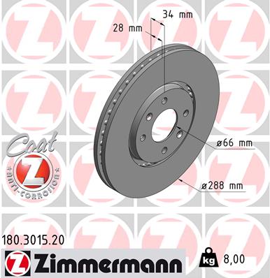 Диск гальмівний CITROEN C5 II BREAK (RE_) 2.0 2004.09- ZIMMERMANN (180.3015.20) Zimmermann фото 2