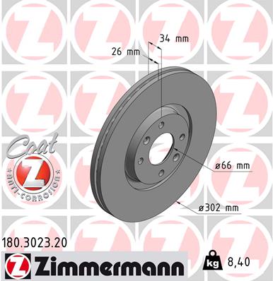 Диск гальмівний CITROEN C4 GRAND PICASSO I (RU_) 2.0 2006.10-2013.12 ZIMMERMANN (180.3023.20) Zimmermann фото 2