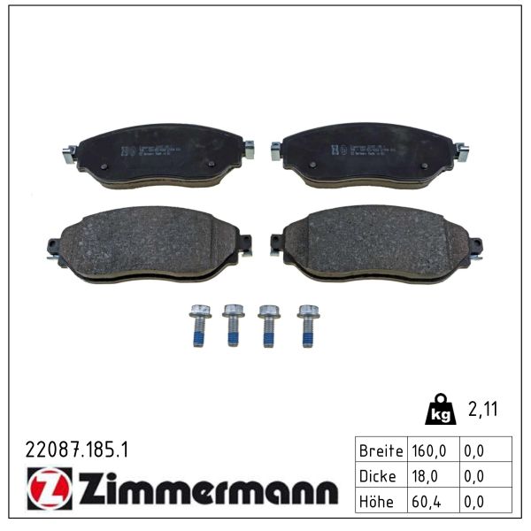 Колодки гальмівні дискові OPEL VIVARO B ФУРГОН (X82) 1.6 2014.06-2020.11 ZIMMERMANN (22087.185.1) Zimmermann фото 2