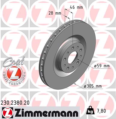 Диск гальмівний FIAT DOBLO CARGO (263_) 1.3 2010.02- ZIMMERMANN (230.2380.20) Zimmermann фото 2