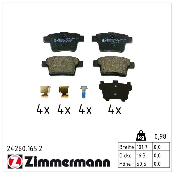 Колодки гальмівні дискові FORD MONDEO III ЛІФТБЕК (B4Y) 2.0 2000.10-2007.09 ZIMMERMANN (24260.165.2) Zimmermann фото 2