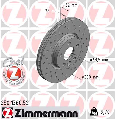 Диск тормозной SPORT Z LAND ROVER RANGE ROVER EVOQUE (L538) 2.0 2011.06-2019.12 ZIMMERMANN (250.1360.52) Zimmermann фото 2