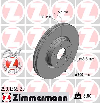 Диск гальмівний FORD MONDEO IV TURNIER (BA7) 1.6 2007.03-2015.01 ZIMMERMANN (250.1365.20) Zimmermann фото 2