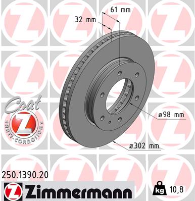 Диск тормозной MAZDA BT-50 ПИКАП (CD, UN) 2.5 2006.08-2015.12 ZIMMERMANN (250.1390.20) Zimmermann фото 2