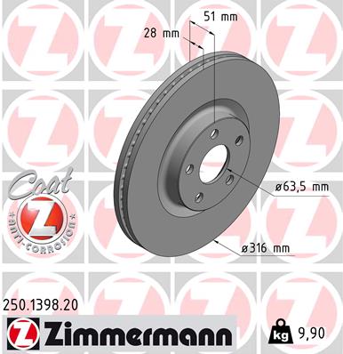 Диск гальмівний ВЕНТИЛ FORD GALAXY III (CK) 1.5 2015.01- ZIMMERMANN (250.1398.20) Zimmermann фото 2