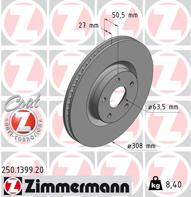 Диск гальмівний FORD FOCUS IV TURNIER (HP) 1.0 2018.09- ZIMMERMANN (250.1399.20) Zimmermann фото 2