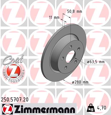 Диск гальмівний FORD TOURNEO CONNECT / GRAND TOURNEO CONNECT V408 MІНИВЕН 1.6 201 ZIMMERMANN (250.5707.20) Zimmermann фото 2