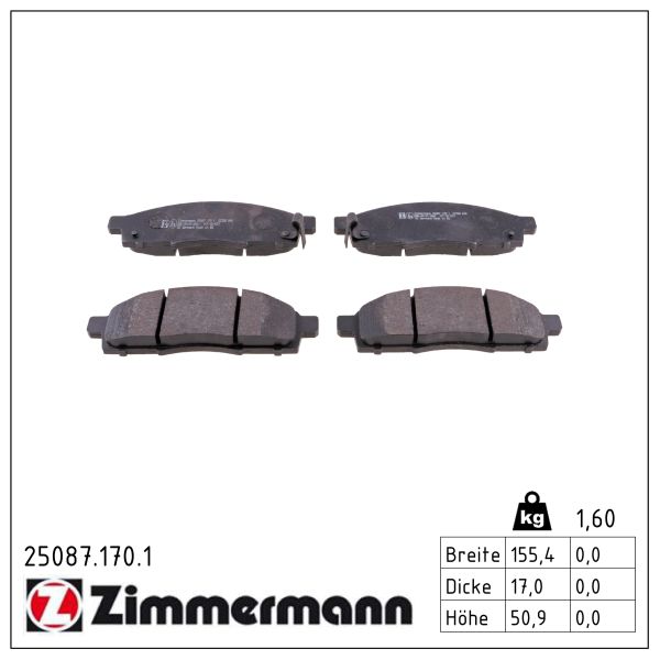 Колодки гальмівні дискові NISSAN NV200 ФУРГОН 1.5 2010.02- ZIMMERMANN (25087.170.1) Zimmermann фото 2