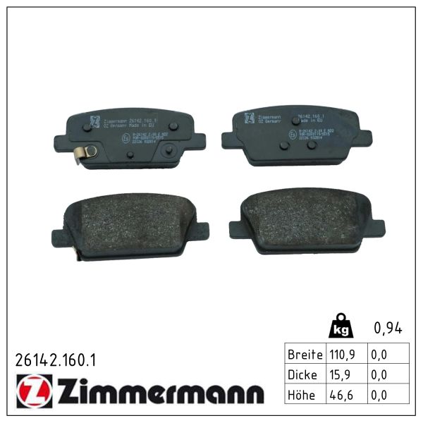 Колодки гальмівні дискові HYUNDAI SANTA FE IV (TM, TMA) 2.0 CRDI 2018.02-2020.07 ZIMMERMANN (26142.160.1) Zimmermann фото 2