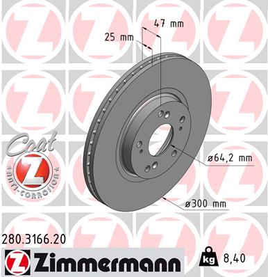 Диск тормозной HONDA ACCORD VII (CL, CN) 2.4 2003.01-2012.09 ZIMMERMANN (280.3166.20) Zimmermann фото 2