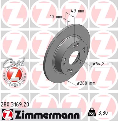 Диск гальмівний HONDA ACCORD VII (CL, CN) 2.4 2003.01-2012.09 ZIMMERMANN (280.3169.20) Zimmermann фото 2
