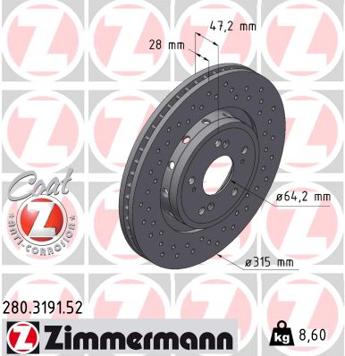 Диск гальмівний SPORT Z HONDA CR-V IV (RM_) 1.6 2012.01- ZIMMERMANN (280.3191.52) Zimmermann фото 2