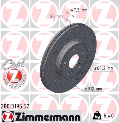Диск гальмівний SPORT Z HONDA CR-V V (RW_, RT_) 1.5 2016.12- ZIMMERMANN (280.3195.52) Zimmermann фото 2